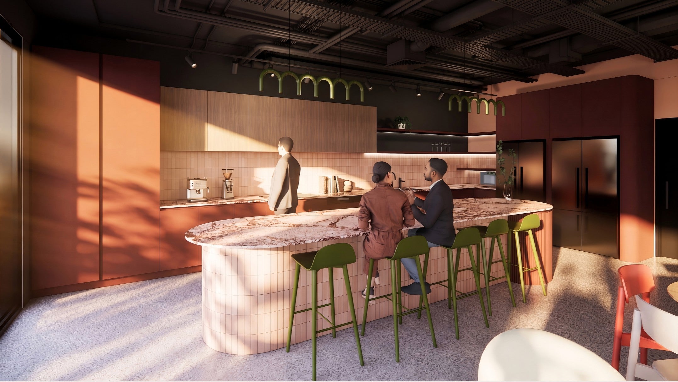 On-site café and kitchen at Goodspace Eastgardens with stone bar and green stools