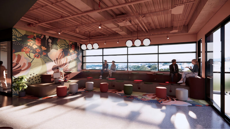 Architectural render of the lounge at Goodspace Eastgardens with a botanical mural and window seating